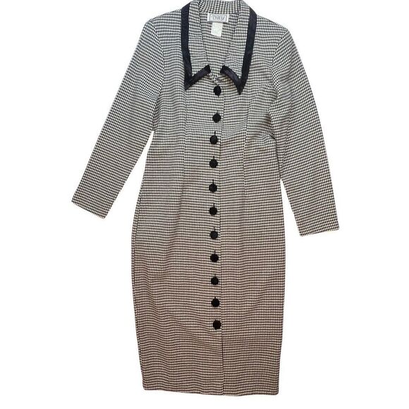 Vintage D.B.Y. Dress Womens 9 Black Checkered Velvet Chelsea Collar Pencil Dress - Picture 1 of 14